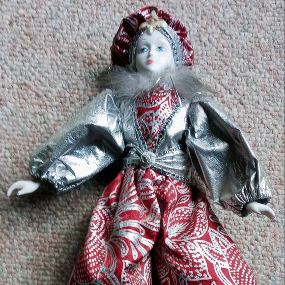 Vintage Pierrot Clown Doll Porcelain head arms feet Red & Silver Metallic Outfit - Picture 9 of 10